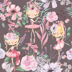 Beautiful watercolor floral seamless pattern with cute ballet girls, ballerinas. Abstract roses, peony, lilacs and branches on dark background