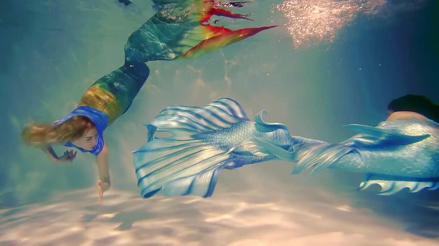 cute slim girls with tails fish swim in the water column. fantastic creatures mermaids
