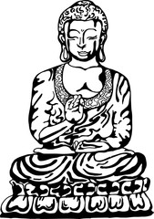 Buddha in meditation in the style of street art. Vector illustration of a black and white buddha