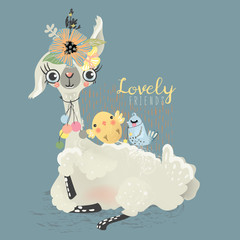 Cute llama with floral wreath, flowers bouquet, pom poms (pom-pom, pompom) and yellow and blue adorable little baby birds. Lovely friends animals