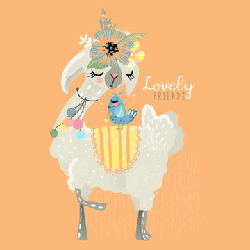 Cute llama with floral wreath, flowers bouquet, pom poms (pom-pom, pompom) and blue adorable little baby bird. Lovely friends animals