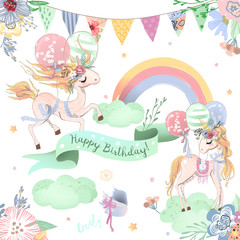 Beautiful unicorns set, collection of Happy Birthday clipart. Cute unicorns with balloons, rainbow, ribbon, clouds, festive hanging flags and flowers