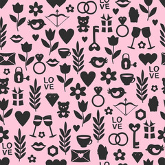 valentines day seamless pattern.  Black elements on pink background