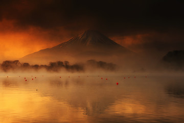 Mount Fuji and Lake Shoji at sunrise