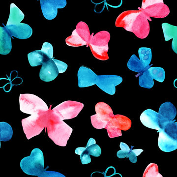 Seamless background pattern with watercolor pink and teal blue butterflies