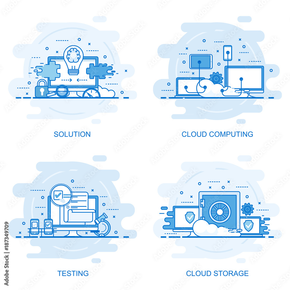 Poster modern flat color line concept web banner of testing, solution, cloud computing and cloud storage. c