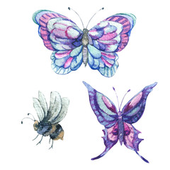 Watercolor set of vintage colorful butterflies