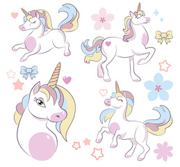 Set of cute white unicorn, cartoon, vector illustration, head portrait sticker