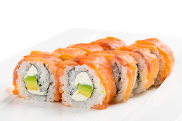 Philadelphia roll urumaki sushi made of fresh salmon, cream cheese, and avocado