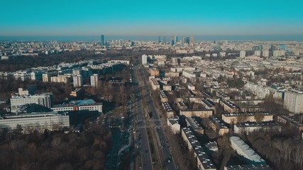 Naklejka premium Aerial view of Warsaw skyline on a sunny winter day, Poland