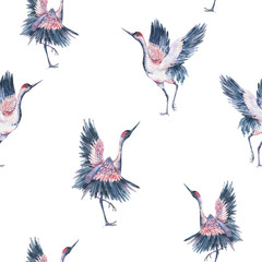 Watercolor seamless pattern with crane