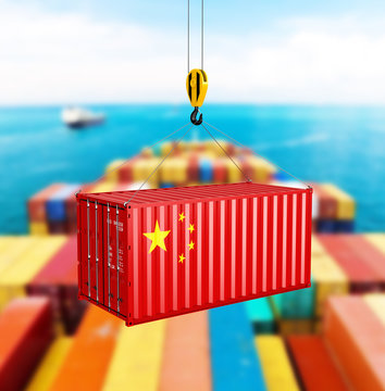 Cargo shipping container with the Chinese flag Сoncept of delivery from China on storage area background 3d