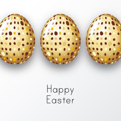 Happy Easter background with realistic dotted  golden eggs and text. Greeting card template trendy design. Vector illustration for poster, invitation