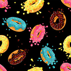 Donut seamless pattern. Pink donut, chocolate donut, lemon donut  and blue mint donut with different topping on black background