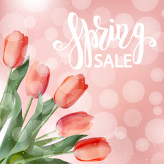Spring illustration with realistic red tulips. Pink backgrpond with bokeh. Spring sale hand lettering.