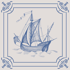 Old caravel. Ship on the Blue Dutch tile. Imitation. Frigate, vintage sailboat, Sailing vessel , glazed porcelain ceramic.