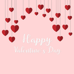 Happy valentine's day background with hanging red paper cut heart shape. Vector illustration.