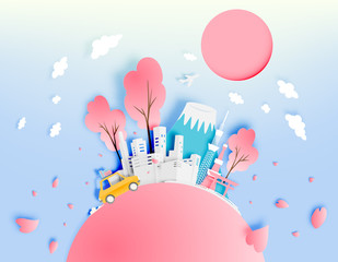 Tokyo japan city in spring with paper art style vector illustration