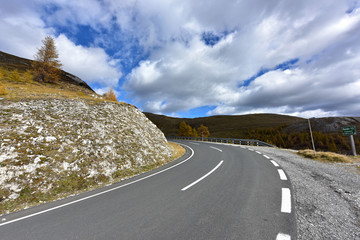 13th bend of the famous Nockalm road in the national park Nockberge. Nock mountains in the Gurktal Alps, district Feldkirchen, Carinthia, Austria