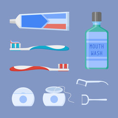 Set of dental cleaning tools. Toothpaste, toothbrush, mouthwash, dental floss and toothpick isolated on blue background. Flat style vector illustration.