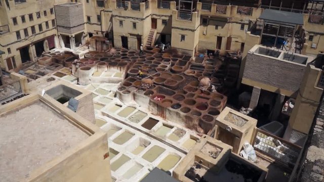 Traditional leather tannery in Fes, Morocco.