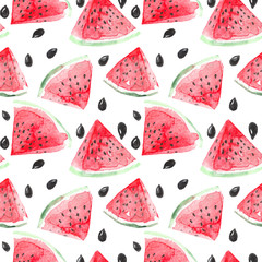 Watercolor watermelon slices and seeds seamless pattern