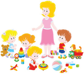 Fototapeta na wymiar Little boys and girls playing with toys around their young and cute kindergarten teacher, a vector illustration in cartoon style