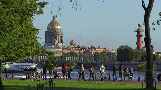 Panoramic view on Neva river and Palace embankment, Saint-Petersburg, Russia