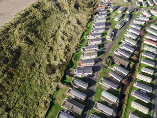 Caravan and camping, static home aerial view. Porthmadog holiday park taken from the air by a drone