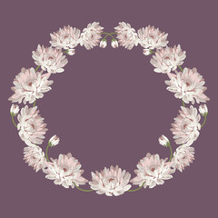 Chrysanthemums. Decorative circle frame with flowers for your design. Floral card template. Vector illustration. For wedding, greeting cards, your text or photo