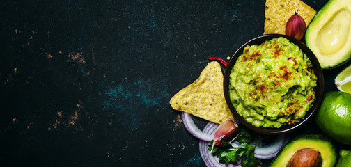 Tex-Mex Food Concept, Corn Nachos and Guacamole Sauce, Food Background, Top View