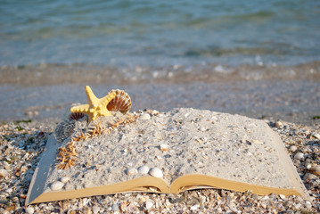 open book close-up lies on yellow sand sea shells sea yellow star coast of blue sea beach on blue sky background and white wave summer day weekend rest composition