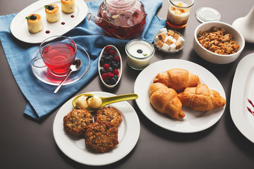 Restaurant breakfast with various sweet treats