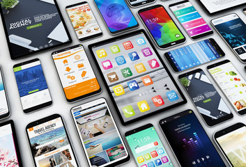 3d rendering of devices collection showing apps and websites. Communications concept.