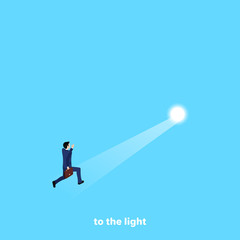 a man in a business suit runs to the light source, an isometric image