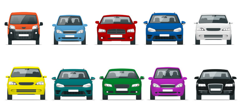 Car front view set. Vehicles driving in the city. Vector flat style illustration isolated on white background.