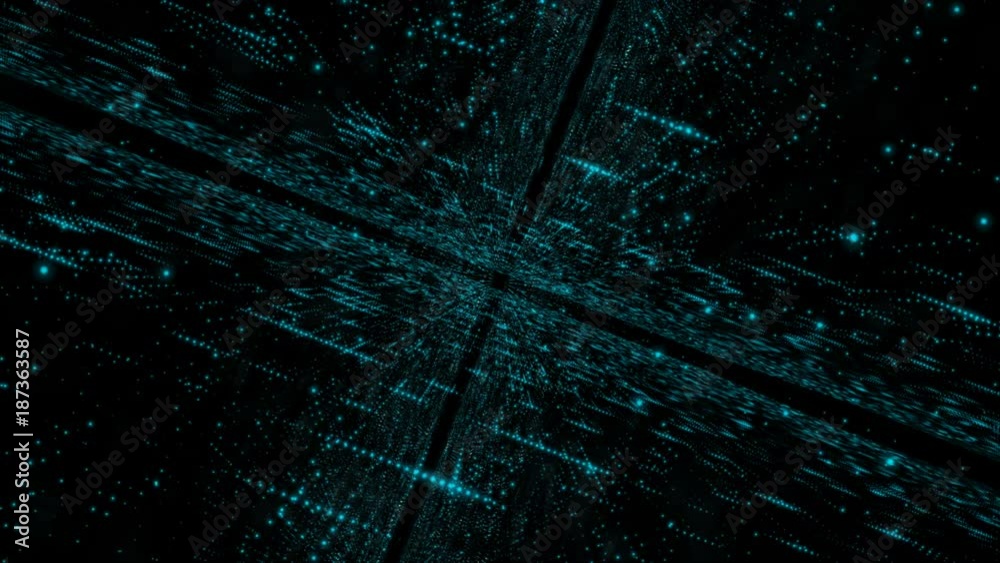 Poster abstract dark background dolly moving camera pass through particle and lighting with grain processed