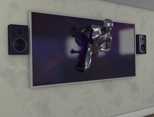 3d render.Television with speakers and human figure going out