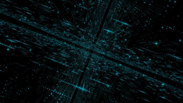 Abstract dark background dolly moving camera pass through  particle and lighting with grain processed for futuristic technology and cyber concept