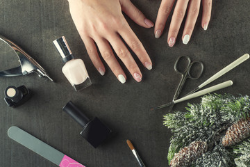 winter theme nails design and manicure, instruments for manicure with needles