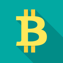 Bitcoin icon with long shadow. Flat design style. Crypto currency simple silhouette. Modern, minimalist icon in stylish colors. Web site page and mobile app design vector element.