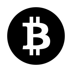 Bitcoin circle icon. Black, round, minimalist icon isolated on white background. Crypto currency simple silhouette. Web site page and mobile app design vector element.