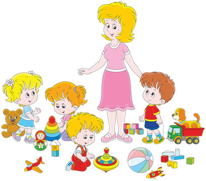 Little boys and girls playing with toys around their young and cute kindergarten teacher, a vector illustration in cartoon style