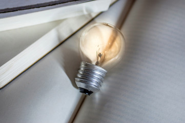 Yellow light bulb lamp over open books with blank pages