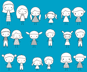 Big vector set with cute stick figures - boys and girls in black and white