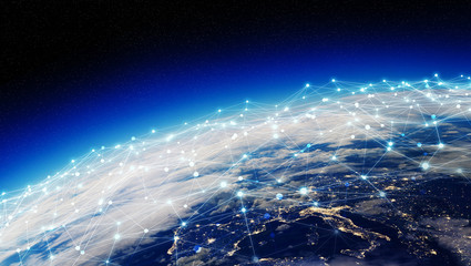 Connections system and datas exchanges on planet Earth 3D rendering