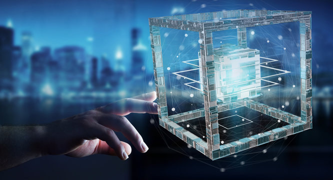 Businessman using futuristic cube textured object 3D rendering
