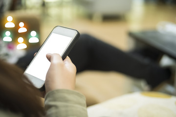 Young woman working from coffee shop using mobile phone, woman hand using mobile phone technology, human icon