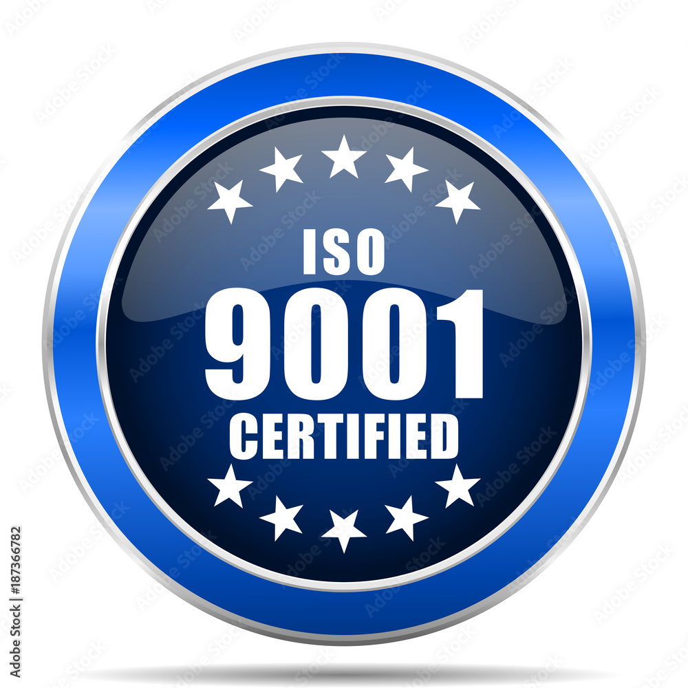 Poster Iso 9001 vector icon. Modern design blue silver metallic glossy web and mobile applications button in eps 10