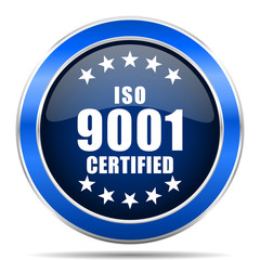 Iso 9001 vector icon. Modern design blue silver metallic glossy web and mobile applications button in eps 10